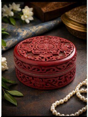 Chinese Carved Cinnabar Style 3-Inch Round Jewelry Box - Ornate Floral Design
